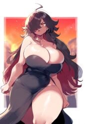 ai_generated amber_eyes ameanon black_dress dark_hair female large_breasts sorceress sorceress_sophia thick_thighs two_tone_hair villainess witch