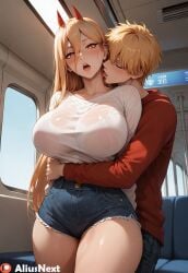 1girls ai_generated aliusnext big_breasts blonde_hair blush chainsaw_man couple couple_(romantic) denji_(chainsaw_man) female high_quality high_resolution highres horny huge_breasts imminent_sex kissing light-skinned_female light-skinned_male love massive_breasts mature_female neck_kiss patreon power_(chainsaw_man) sweat