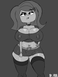 1girls belly_button belly_piercing belt big_breasts black_and_white bracelet breasts choker clothed clothing grojband hair_ornament hand_on_hip huge_breasts laney_penn leggings looking_at_viewer nipples piercing shorts sketch sr_r18nsfw standing tank_top thick_thighs wip