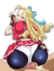 1boy 1girls 2d ass bubble_butt busty capcom female female_focus hourglass_figure juudai karin_kanzuki male penis rear_view school_uniform schoolgirl sitting sitting_on_lap sitting_on_person street_fighter street_fighter_alpha tagme wide_hips