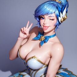 1girls ai_generated blue_skin female juilessyn league_of_legends medium_breasts one_eye_closed orianna peace_sign sfw star_guardian_orianna star_guardian_series tongue_out