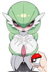 1girls bulge creatures_(company) cum cum_on_body cum_on_breasts cum_through_clothes disgusted ejaculation erection erection_under_clothes game_freak gardevoir handsfree_ejaculation holding_object large_breasts nintendo nose_blush pokeball pokemon pokephilia pov pov_hands shaded_face simple_background spontaneous_ejaculation spontaneous_orgasm unepicroachy