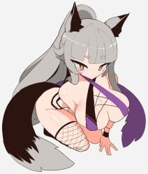 1girl 1girls akisas99 animal_ear_fluff animal_ears animal_tail arm_support background big_boobs big_breasts bikini black_legwear black_stockings black_thigh_highs black_thighhighs blank_background blunt_bangs breasts brown-eyed_female brown_eyes busty busty_female busty_girl commission commission_art eyebrows_visible_through_hair fishnet_legwear fishnet_stockings fishnet_thigh_highs fishnet_thighhighs grey-haired_female grey_eyebrows grey_hair large_boobs large_breasts legwear looking_up looking_up_at_viewer monotone_background oc one-piece_swimsuit one_color_background original original_art original_artwork original_character original_female_character plain_background ponytail purple_bikini purple_one-piece_swimsuit purple_swimsuit purple_swimwear sidelocks silver-haired_female silver_eyebrows silver_hair silver_hair_female skindentation solid_color_background stockings swimsuit swimwear tail thigh_highs thighhighs tied_hair very_long_hair very_long_hair_female white_background wolf_ears wolf_girl wolf_tail