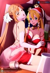 2girls ai_generated blonde_hair blush brown_eyes christmas christmas_outfit green_eyes juanpiamvs leafa lingerie long_hair open_mouth patreon patreon_username pressing_breasts_together subscribestar subscribestar_username sword_art_online tongue_out watermark yuuki_asuna