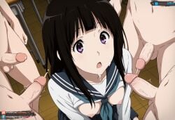 ai_generated brown_hair chitanda_eru cum cum_in_mouth cumshot female hyouka juanpiamvs kneeling long_hair multiple_boys open_mouth patreon patreon_username purple_eyes school_uniform small_breasts subscribestar subscribestar_username watermark