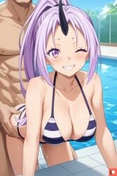 1girl1boy ai_generated big_breasts bikini blush doggy_style doggy_style female happy looking_at_viewer omega_weirdo oni oni_horns outdoor_sex outside outside_sex patreon ponytail pool poolside purple_eyes purple_hair sex shion_(tensei_shitara_slime_datta_ken) smile smiling_at_viewer taken_from_behind tensei_shitara_slime_datta_ken that_time_i_got_reincarnated_as_a_slime wet wink winking_at_viewer