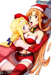 2girls ai_generated alice_schuberg big_breasts blonde_hair blue_eyes brown_eyes christmas_clothing christmas_outfit juanpiamvs laying_down laying_on_person licking open_mouth patreon patreon_username subscribestar subscribestar_username sword_art_online tongue_out watermark yuuki_asuna