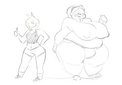 1futa 1girls aka_h bbw bulge clothed clothing female fully_clothed futanari huge_breasts human shirt shorts simple_face size_difference sketch thong