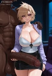 1boy abs ai_generated artist_name bakugou_mitsuki black_skirt blonde_hair blush boku_no_hero_academia breasts camisole cardigan cleavage clothed_female_nude_male clothing collarbone completely_nude dark-skinned_male dark_skin erection female grin hair_between_eyes hand_on_another's_shoulder handjob head_out_of_frame huge_breasts huge_cock interracial large_breasts large_penis large_testicles long_sleeves looking_at_viewer male male_pubic_hair mature_female miniskirt mole mole_on_breast muscle muscular muscular_male my_hero_academia netorare nude open_cardigan open_clothes parted_lips patreon_username pencil_skirt penis penis_grab precum precum_drip purple_cardigan red_eyes shirt short_hair skirt smile spaghetti_strap standing straight testicles thick_thighs thighs vantawaifu veins veiny_penis very_dark_skin white_camisole white_shirt white_tank_top