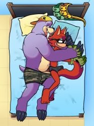 anthro archie_comics bed boxers_(clothing) bulge bulge_from_behind canid canine canis cheno clothing cuddling custom_character_(sonic_forces) duo erection furniture gadget_the_wolf genitals hi_res male male/male mammal marine penis pinniped rotor_the_walrus sega smirking_at_partner sonic_(series) sonic_forces sonic_the_hedgehog_(archie) sonic_the_hedgehog_(comics) sonic_the_hedgehog_(series) underwear walrus wolf