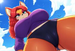 1girls ai_generated bat chiropteran female from_below furry huge_breasts low-angle_view mobian mobian_(species) mobian_bat mullon novelai orange_body orange_hair original_character sega sonic_(series) sonic_the_hedgehog_(series) sweater thick_thighs voluptuous voluptuous_female