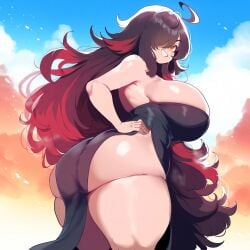 ai_generated amber_eyes ameanon black_dress dark_hair female large_breasts sorceress sorceress_sophia thick_thighs two_tone_hair villainess witch