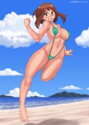 1girls beach boku_no_hero_academia female jumping my_hero_academia ochako_uraraka outdoors rocky-ace sling_bikini solo solo_female swimsuit