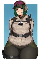 ai_generated ben03020 blue_eyes ela_(rainbow_six) green_hair hands_behind_back rainbow_six_siege thick_thighs wide_hips