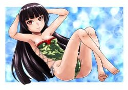 black_hair breasts cameltoe demigoddess gate_-_jieitai_ka_no_chi_nite_kaku_tatakaeri hands_behind_head red_eyes rory_mercury sao_satoru swimsuit swimwear