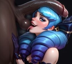 1boy 1girls ai_generated black_background blue_eyes blue_hair breasts clothed_female_nude_male dark-skinned_male female female from_side gwen_(league_of_legends) interracial large_penis league_of_legends licking_balls light-skinned_female light_skin looking_at_viewer male open_mouth penis_on_head precum queensphynx riot_games smile smiling_at_viewer smirk straight tongue_out twin_drills