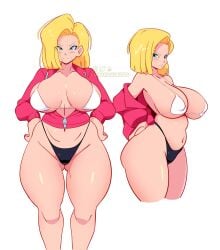 1girls android_18 breasts dragon_ball dragon_ball_z female female_only large_breasts light-skinned_female light_skin looking_at_viewer lunaexhabbitix solo thick_thighs thighs white_background wide_hips