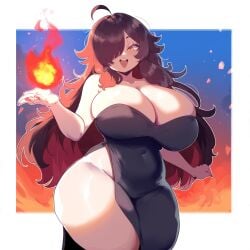 ai_generated amber_eyes ameanon black_dress dark_hair female large_breasts sorceress sorceress_sophia thick_thighs two_tone_hair villainess witch