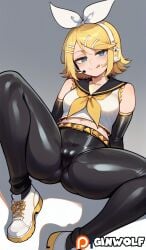 ai_generated belt ginwolf kagamine_rin latex leggings looking_at_viewer open_legs vocaloid