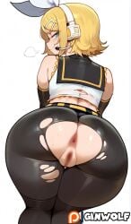 ai_generated anus ass censored ginwolf kagamine_rin latex leggings looking_at_viewer looking_back mosaic_censoring pussy torn_clothes vocaloid