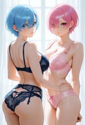 2girls ai_generated ass blue_eyes blue_hair bra female female_only lingerie looking_at_viewer looking_back multiple_girls pink_hair ram_(re:zero) re:zero_kara_hajimeru_isekai_seikatsu rem_(re:zero) underwear