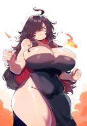 ai_generated amber_eyes ameanon black_dress dark_hair female large_breasts sorceress sorceress_sophia thick_thighs two_tone_hair villainess witch