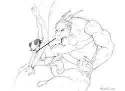 1boy 1girls anus bondage breasts claws cum demon diphallia diphallism dragon female horns leash male multi_penis muscular muscular_male muzzle necrodrone necrodrone_(character) nipples nude penis piercing pussy rubbing scalie size_difference straight tail teasing wings