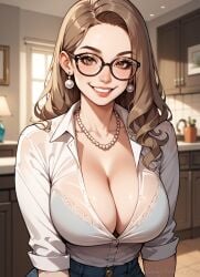 ai_generated blush bra breasts brown_eyes brown_hair cleavage collarbone depth_of_field earrings female glasses indoors jewelry large_breasts long_hair looking_at_viewer milf necklace see_through shirt smile sundayfinest teeth white_shirt