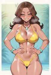 ai_assisted ai_generated bikini bikini_bottom bikini_top blush bracelet bracelets brown_hair cameltoe dark_skin front_view green_eyes hands_on_hips ihatethemic jewelry long_hair necklace nintendo nipple_bulge pendent pokemon pokemon_sm smile smiling smiling_at_viewer solo solo_focus swimmer_(pokemon) swimmer_(pokemon_sm) tagme tan_body tan_skin visible_breath wavy_hair yellow_bikini