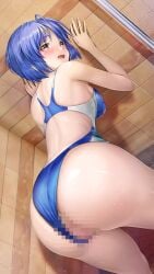 :d backboob bare_arms bare_legs bent_over blue_hair blue_one-piece_swimsuit blush breasts censored clothing_aside competition_swimsuit doukyuusei doukyuusei_(series) doukyuusei_another_world dutch_angle female game_cg indoors looking_back medium_breasts mosaic_censoring official_art one-piece_swimsuit short_hair smile solo straight_hair swimsuit swimsuit_aside tamachi_hiromi yellow_eyes