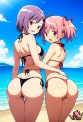 2girls age_difference ai_generated artist_logo ass ass ass_focus back_view beach big_ass big_butt bubble_ass bubble_butt butt_focus female_focus female_only hair_ribbon hi_res holding_each_other hug huge_ass huge_butt junko_kaname looking_at_viewer looking_back looking_back_at_viewer madoka_kaname madoka_worship magical_girl mahou_shoujo_madoka_magica micro_bikini mother mother_and_daughter outdoors pink_eyes pink_hair puella_magi_madoka_magica red_ribbon ribbon ribbons round_ass round_butt seductive smile smiling thick_ass thick_thighs thong twintails