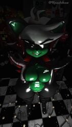 animated anthro big_breasts black_body black_fur black_nipples cally3d christmas cryptiacurves eyepatch fangs fexa five_nights_at_freddy's fnaf foxy_(fnaf) furry glowing glowing_eyes green_hair jiggle jiggling_breasts krackdraw krampus pierced_nipples piercing pov_eye_contact sound tagme tattoo thick_thighs video