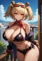 1girls ai_generated big_breasts bikini blonde_hair breasts burnice_white female female_focus female_only hips huge_breasts large_breasts looking_at_viewer navel red_eyes shorts smiling smiling_at_viewer thick_thighs thighs twintails zenless_zone_zero