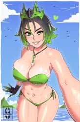 1girls alternate_version_available beach bikini black_hair crown curvy female female_only fortnite fortnite:_battle_royale green_eyes green_highlights iisfernado light-skinned_female light_skin looking_at_viewer necklace outside partially_clothed persephone_(fortnite) selfie smile smiling smiling_at_viewer solo solo_female tagme wet