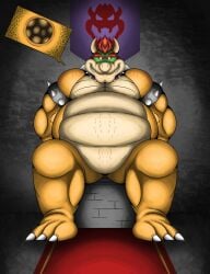 1boy anthro anus belly big_belly bowser castle claws collar crouching dilf fat fat_belly feces grin hi_res horn indoors koopa looking_at_viewer male male_only mario_(series) muscular nintendo nude obese obese_male overweight overweight_male reptile scalie scat solo solo_male spiked_collar spikes sunflower_fox toilet