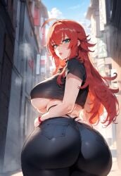 1girls ahoge ai_generated ass ass_focus bangs black_shirt blue_sky blush breasts building closed_mouth clothing crop_top crossed_bangs curvaceous curvaceous_female curvaceous_figure curvy curvy_figure day denim female female female_focus female_only from_behind green_eyes hair_between_eyes high_school_dxd huge_ass huge_breasts jeans large_ass large_breasts long_hair looking_at_viewer looking_back midriff miyuai outdoors pants presenting presenting_ass presenting_hindquarters presenting_self public red_hair rias_gremory shirt short_sleeves sky solo standing sweat thick_thighs thighs thong tight tongue tongue_out underboob voluptuous voluptuous_female wide_hips wristband