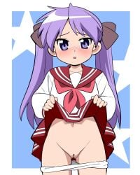 clothes_lift female highres hiiragi_kagami lifting_own_clothes long_hair lucky_star neckerchief panties panty_pull pink_neckerchief purple_eyes purple_hair pussy red_sailor_collar red_skirt ryouou_school_uniform sailor_collar school_uniform serafuku skirt skirt_lift tsurime twintails underwear white_panties yume_yoroi