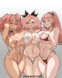 3girls :d :q ;) absurdres asymmetrical_docking azur_lane bikini blush breast_press breasts bremerton_(azur_lane) ceroccb earrings fire_emblem fire_emblem:_three_houses green_eyes highres hilda_valentine_goneril hoop_earrings jewelry large_breasts looking_at_viewer micro_bikini mole mole_on_breast mole_on_thigh multiple_girls nail_polish navel navel_piercing nicole_demara one_eye_closed piercing pink_eyes pink_hair ponytail slingshot_swimsuit smile swimsuit thigh_gap tongue tongue_out trait_connection twintails two_side_up zenless_zone_zero