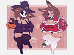 2girls anthro blush breasts christmas christmas_outfit clothed clothing collar female female/female furry furry_only hair halloween_costume holidays hybrid maiky_atk mammal panties rabbit simple_background thick_thighs underwear witch_costume witch_hat