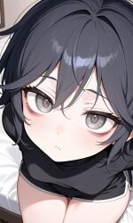 1girls ai_generated bed bedroom black_hair black_shorts black_sweater close-up closed_mouth dolphin_shorts eyebags grey_eyes sfw small_breasts solo sweater thighs