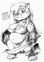 anthro cheetah chubby drake_fenwick feline female fur furry loincloth solo sword underwear warrior weapon