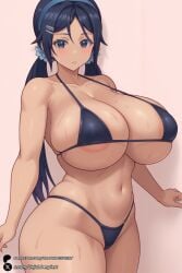 1girls ai_generated areola_slip bangs bikini black_bikini blue_eyes blue_hair blush breasts cleavage closed_mouth collarbone cowboy_shot curvy hair_ornament hairband hairclip huge_breasts long_hair looking_at_viewer low_twintails micro_bikini miside mita_(miside) navel parted_bangs skindentation solo sweat swimsuit thick_thighs thighs twintails unjobdespiert