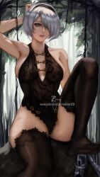 1girls 2b_(nier:automata) bare_shoulders black_hairband black_leotard black_pearl_(stellar_blade) black_thighhighs blue_eyes breasts breasts_apart commentary cosplay english_commentary eve_(stellar_blade) eve_(stellar_blade)_(cosplay) female_focus forest grey_hair hairband highres katana large_breasts leotard lingerie looking_at_viewer nature nier:automata nier_(series) on_rock outdoors paid_reward_available parted_lips patreon_username planted planted_sword planted_weapon rock short_hair signature sitting solo stellar_blade sword teddy_(lingerie) thighhighs trait_connection underwear watermark weapon web_address wei_(promise_0820)