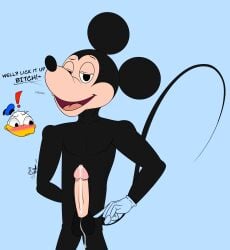 absurd_res anthro balls blush bodily_fluids cum cum_dripping_from_penis cum_on_balls cum_on_penis dialogue disney donald_duck duo english_text furiousfox genital_fluids genitals hi_res looking_at_genitalia looking_at_penis looking_at_viewer male male_only mammal mickey_mouse mouse murid murine penis profanity rat rodent shocked smile smiling_at_viewer standing surprise text