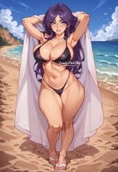 ai_generated aqua_eyes arms_behind_head beach beach_side beach_towel bikini_thong black_bikini candypinklips clouds coast drop_out flip_flops huge_breasts long_hair navel sand sandals seductive_look seductive_smile shichijou_reika smiling_at_viewer standing thick_ass thick_hips thick_legs thick_thighs towel_on_head violet_hair water