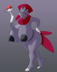 2016 4:5 anthro areola big_breasts breasts erect_nipples female generation_4_pokemon hi_res holding_object holding_pokeball iva_(cornchip21) marauder6272 nintendo nipples nude pokeball pokemon pokemon_(species) skullman777 solo standard_pokeball weavile