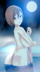 big_breasts brown_eyes brown_hair hot_spring meiko_(vocaloid) moon moonlight night night_sky steam towel