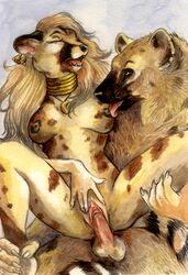 1boy 1girls breasts female furry gold hi_res hyena licking male moan nipple_stimulation penis piercing reverse_cowgirl_position sara_palmer sex straight tongue