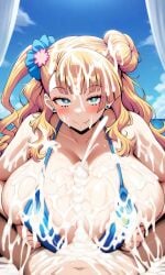 1boy 1girls ai_generated big_breasts bikini blonde_hair breasts_bigger_than_head cum cum_drip cum_everywhere cum_explosion cum_in_mouth cum_on_body cum_on_breasts cum_on_face dominant_female ejaculation engulfing_paizuri enormous_breasts excessive_cum ftggtgg galko galko-chan gigantic_breasts gyaru gyaru_gal huge_breasts hyper_breasts large_breasts long_hair lust lustful_gaze massive_breasts oshiete!_galko-chan paizuri paizuri_lead_by_female