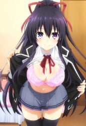 anime_girl bedroom belly belly_button big_breasts blush cleavage date_a_live encouraging encouraging_viewer female female_focus female_only grey_skirt happy high_thighs long_hair looking_at_viewer narrow_waist pink_bra purple_eyes purple_hair red_ribbon school_uniform schoolgirl seductive_body sexy_pose shiny_breasts shiny_eyes shiny_skin shiny_thighs showing_belly showing_bra showing_breasts showing_off showing_off_breasts skirt smile smiling smiling_at_viewer thick_thighs thighhighs thighs wide_hips yatogami_shido yatogami_tohka